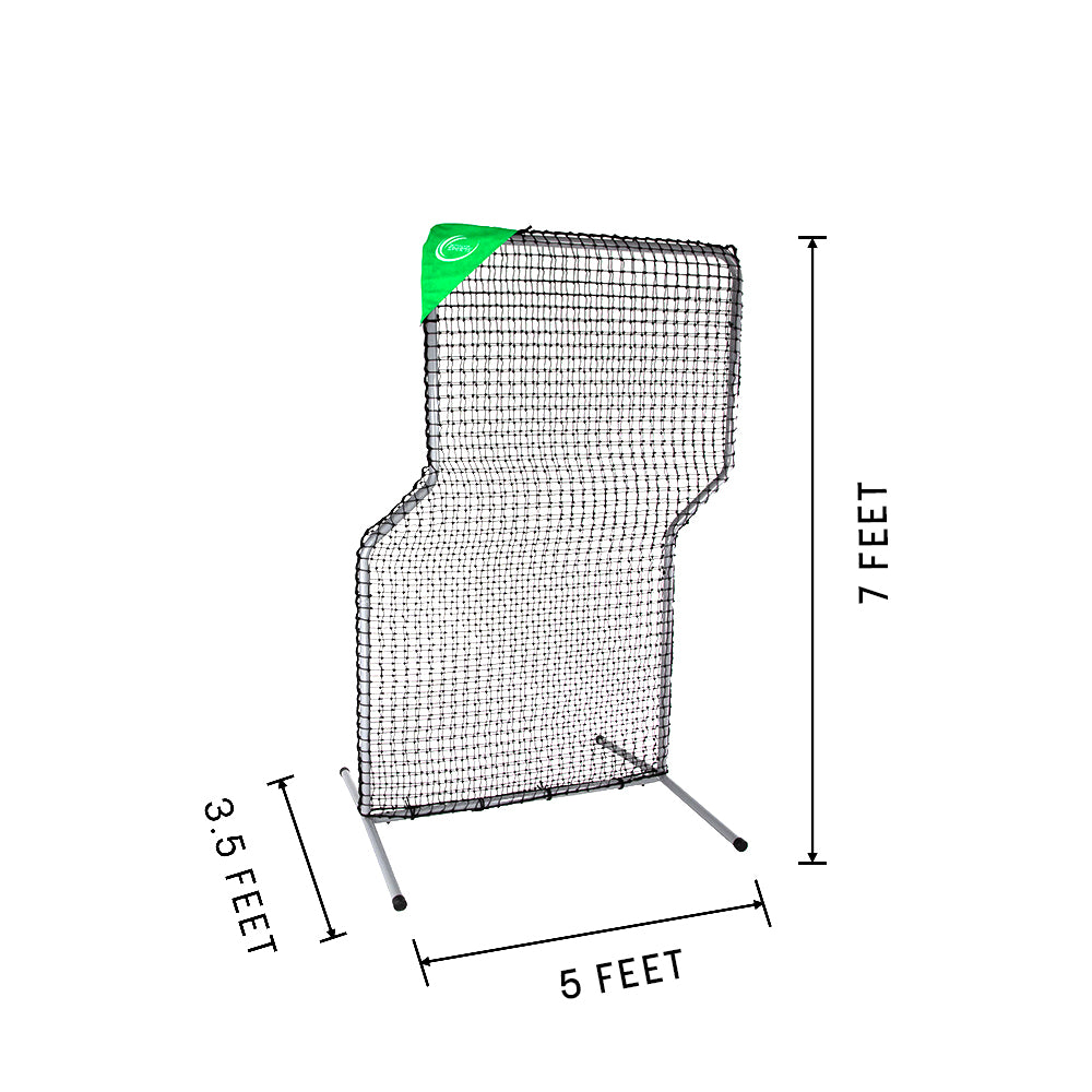 This Z-shaped pitchers screen is 7 feet tall, 5 feet wide, 3.5 feet deep including the feet.