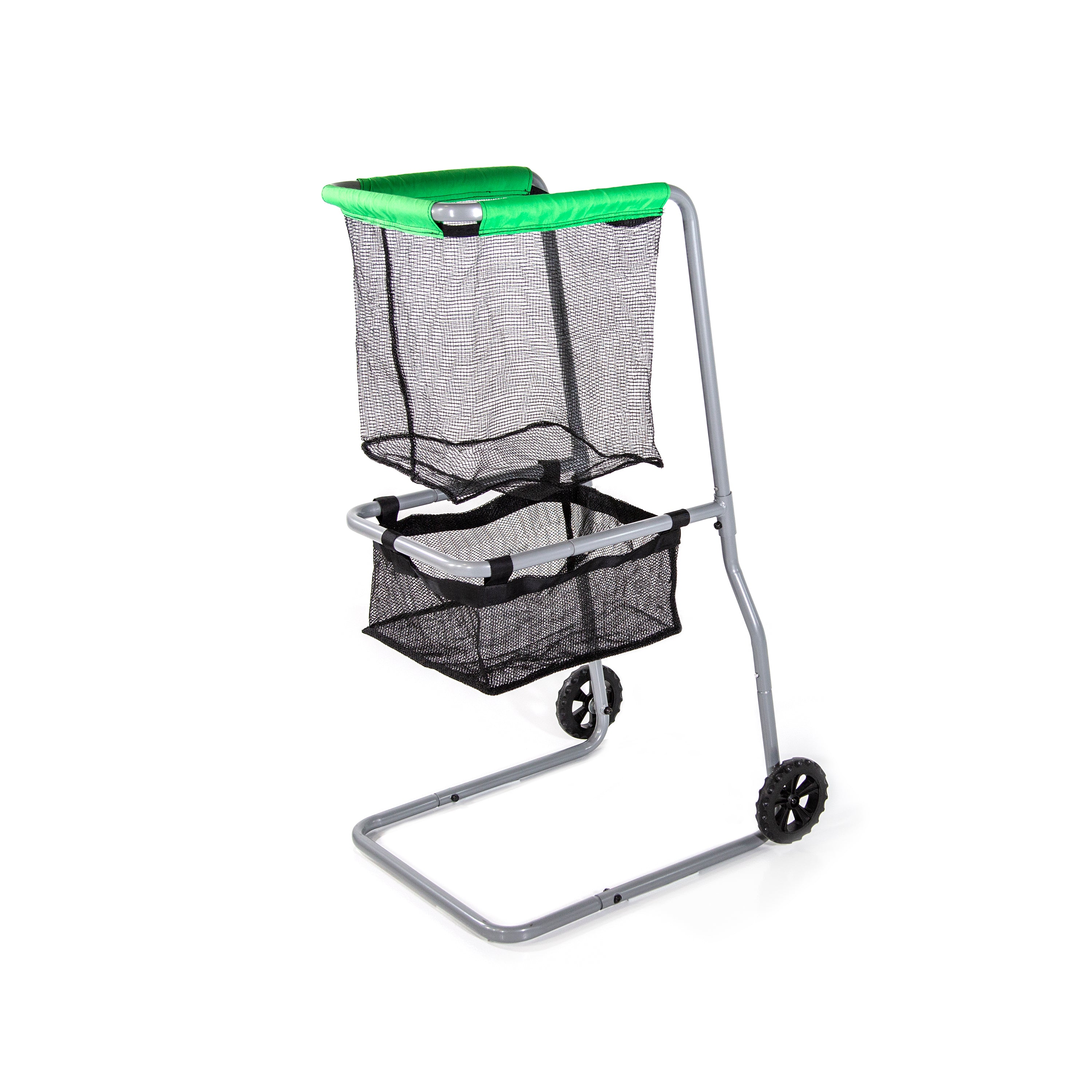 Multi-Sport ball cart with double-basket design, two wheels, and green and black netting. 