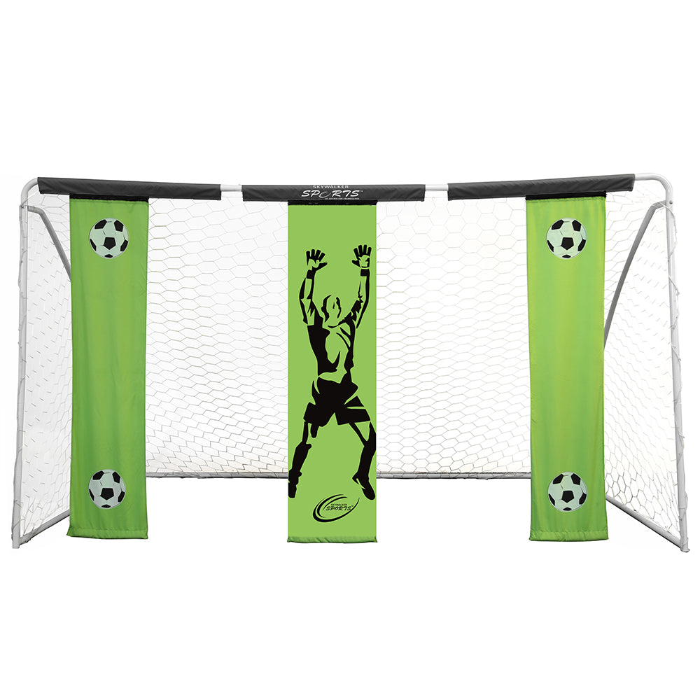 The 12' by 7' Soccer Goal has a white frame, white netting, and green practice banners with a goalie printed on it. 