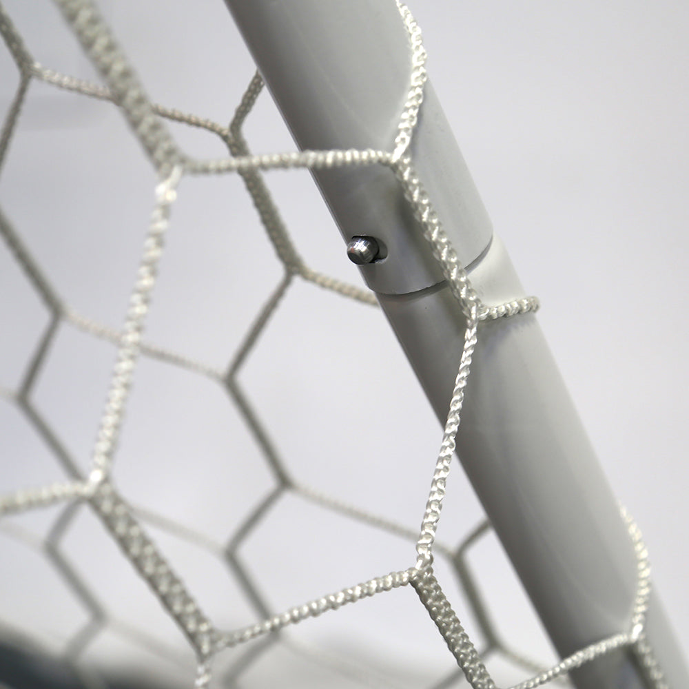 The soccer goal has a locking button attachment to allow for easy frame assembly.  