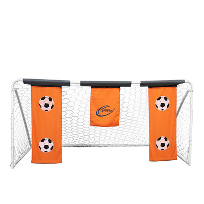 The 9' by 5' Soccer Goal has a white frame, white netting, and orange targeting practice banners. 