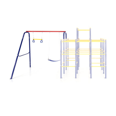 The blue, red, and yellow swing set module connects to the jungle gym base on one side.