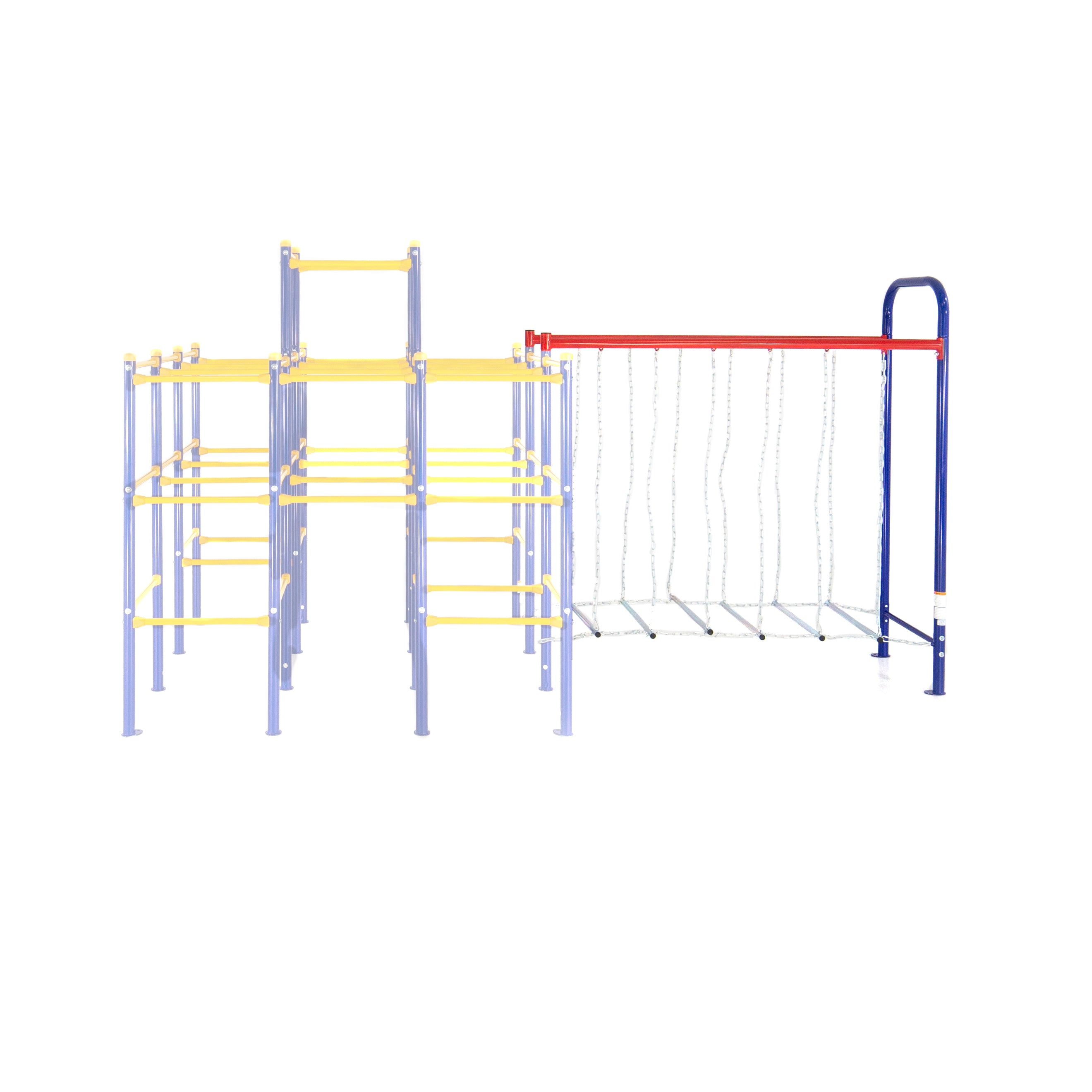 The Hanging Bridge Module, connected to the jungle gym base, has blue and red poles, plastic-coated chains, and steel suspended steps. 