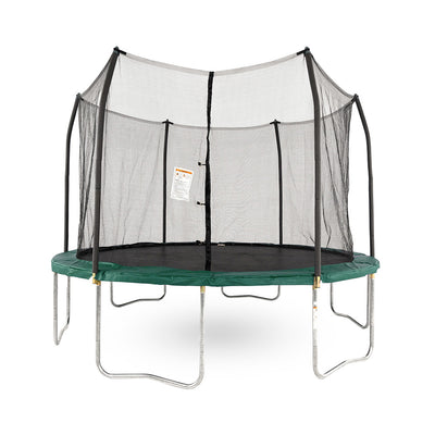Twelve-foot round kids trampoline with green spring pad, green pole caps, black jump mat, steel frame, and black enclosure net.