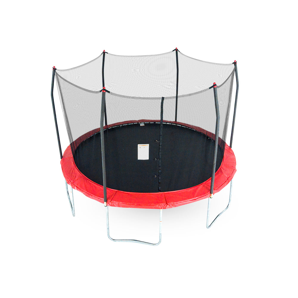 Twelve-foot round kids trampoline with black net enclosure, red frame pad, and red pole caps.