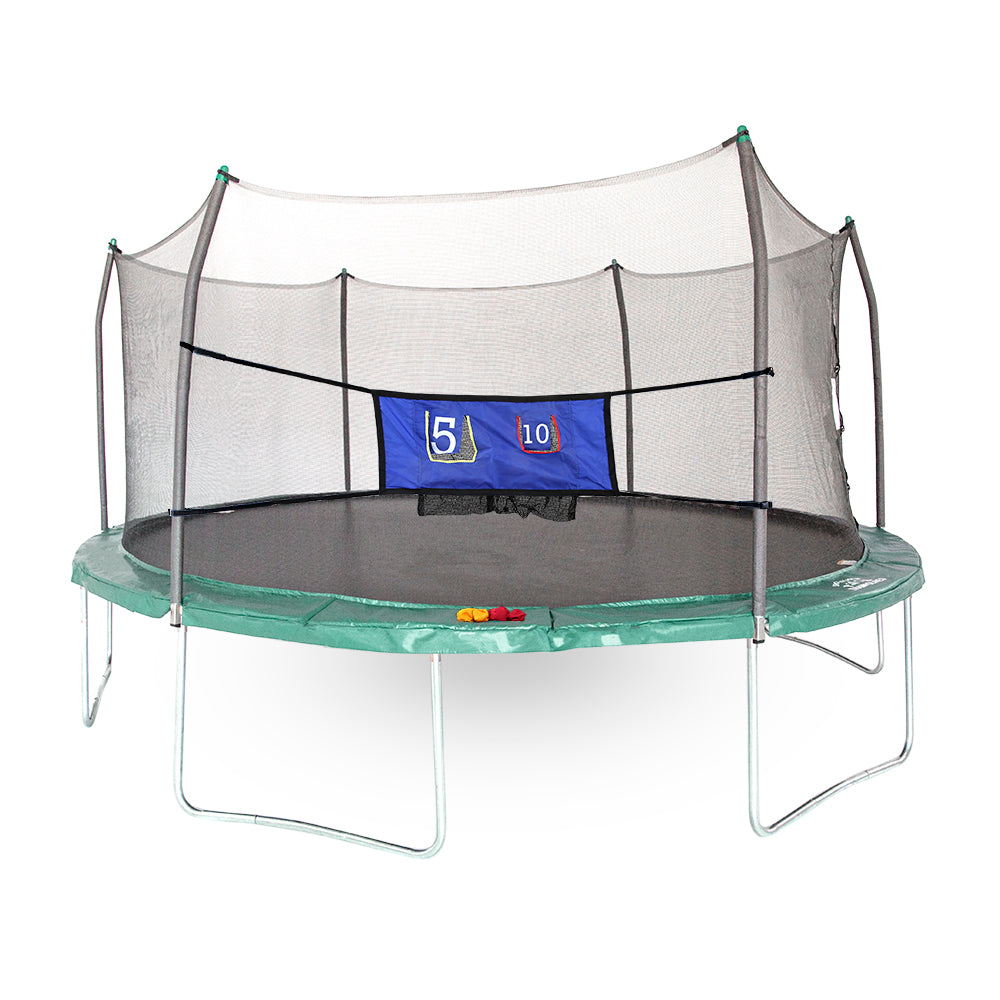16-foot oval trampoline with green spring pad that has 4 red and yellow bean bags sitting on it and a blue Double-toss game stretched across the front.