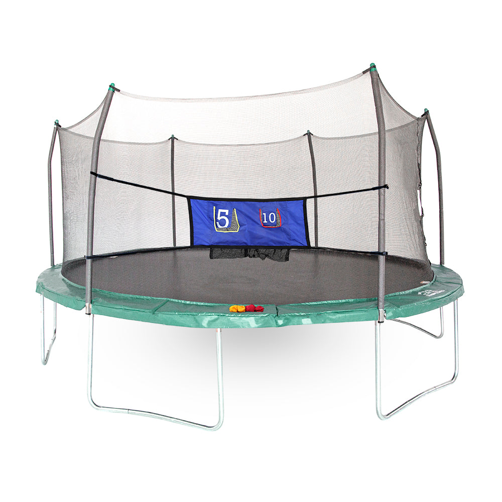 16-foot oval trampoline with green spring pad that has 4 red and yellow bean bags sitting on it and a blue Double-toss game stretched across the front.
