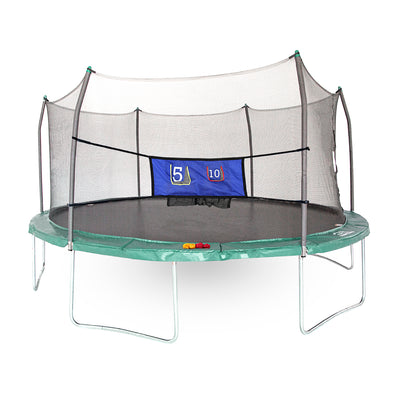 16-foot oval trampoline with green spring pad that has 4 red and yellow bean bags sitting on it and a blue Double-toss game stretched across the front.