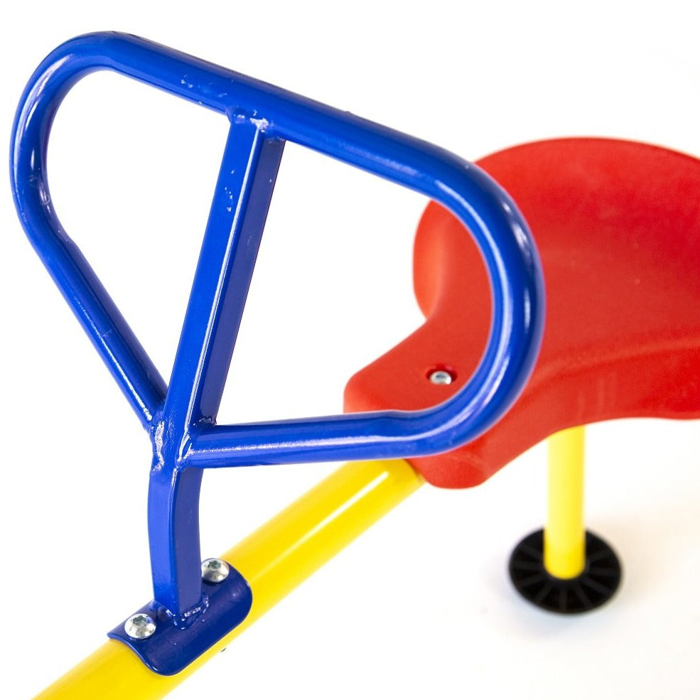 Red plastic seat with a yellow and black stopper underneath. Blue handle attached to yellow center pole. 