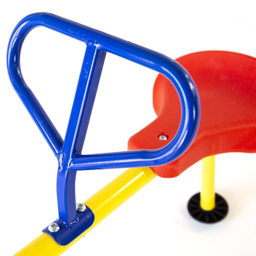 Blue handle, red plastic-molded seat with yellow and black stopper, and yellow center pole. 