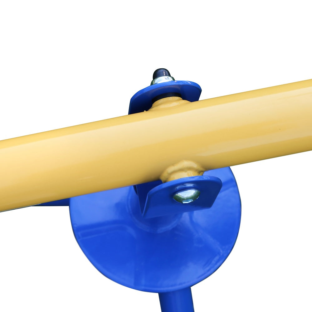 Yellow center pole held by blue tripod turret.