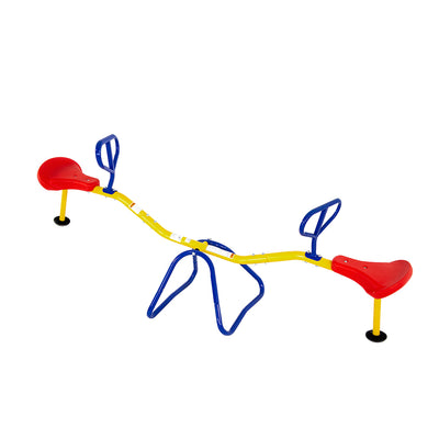 Blue, red, and yellow classic Teeter Totter with stationary base. 