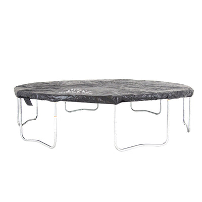 Black weather cover protects the 15-foot round trampoline. 