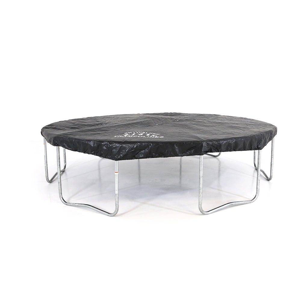 The weatherproof vinyl-coated trampoline weather cover is on the 12-foot trampoline. 