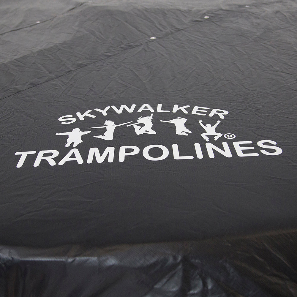 White Skywalker Trampolines logo is printed on the black weather cover. 