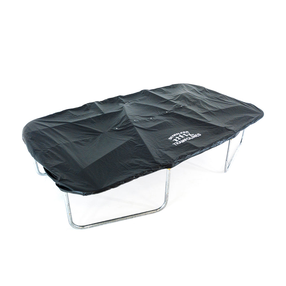 15-foot rectangle trampoline with black accessory weather cover on top. 