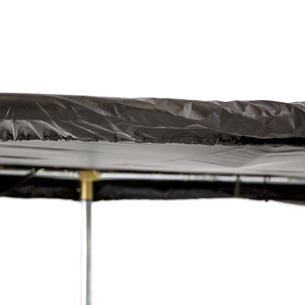 Underside view of the 15-foot rectangle trampoline and weather cover. 