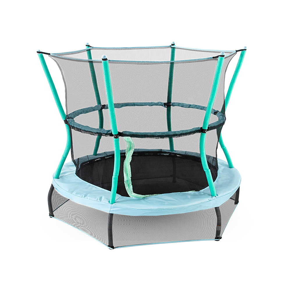 60-inch round mini kids trampoline with baby blue frame pad, seafoam padded poles, and both upper and lower black enclosure net.