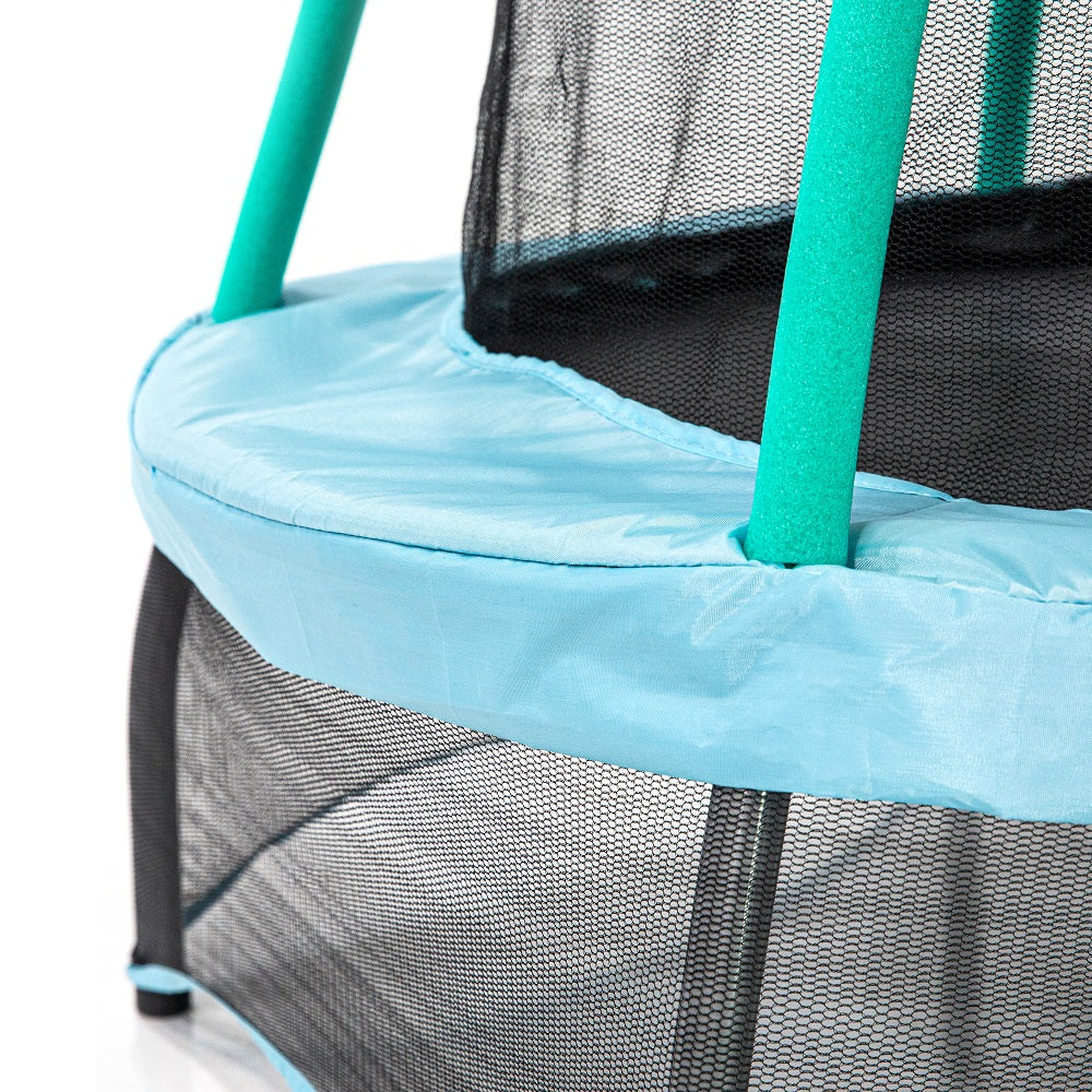 Light-blue frame pad with seafoam-green enclosure poles. Black enclosure net is attached to both the top and the bottom of the frame pad. 