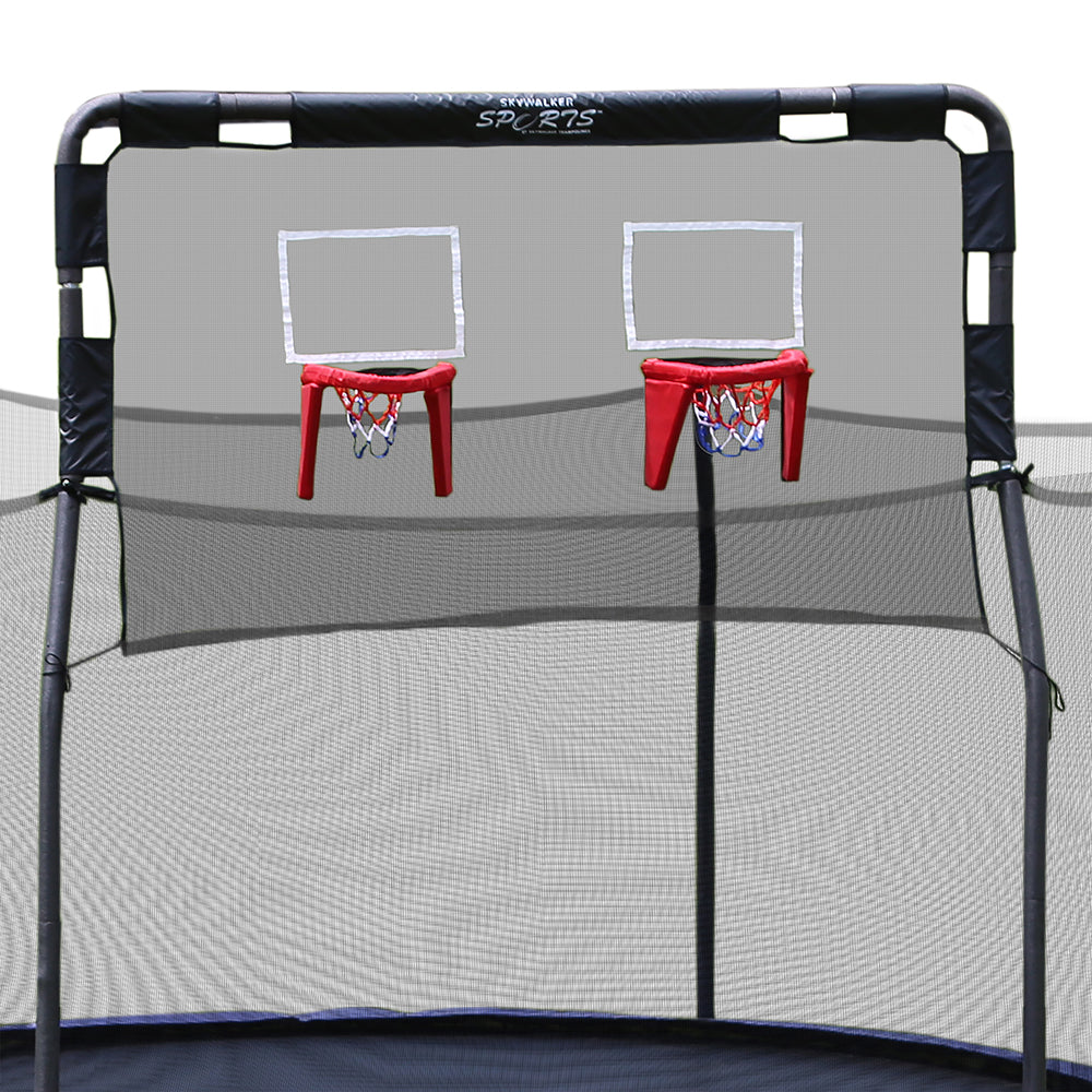 Double basketball hoop game for 12-foot trampoline has red, white, and blue basketball hoops. 