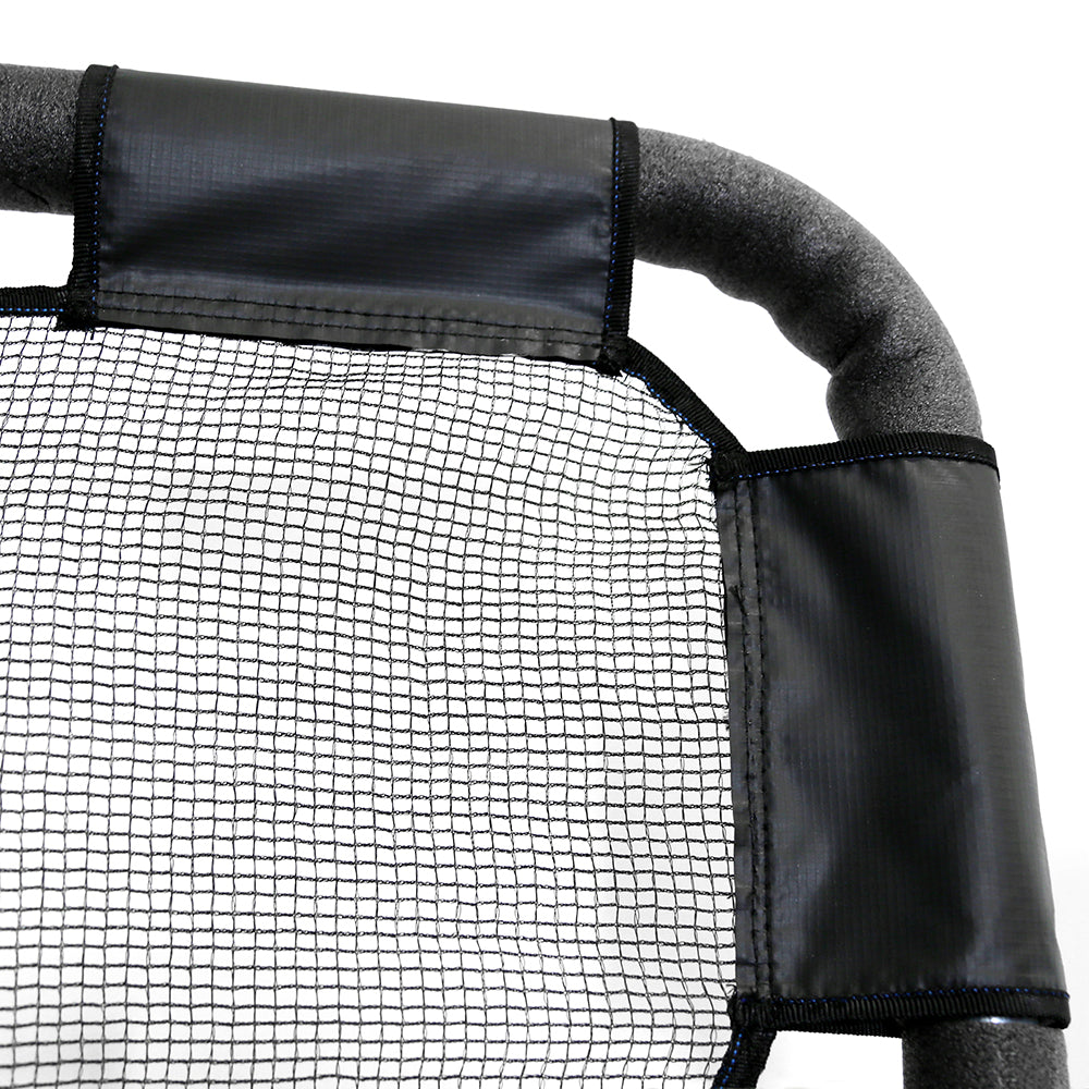 The basketball hoop's backboard is made up of black netting. 
