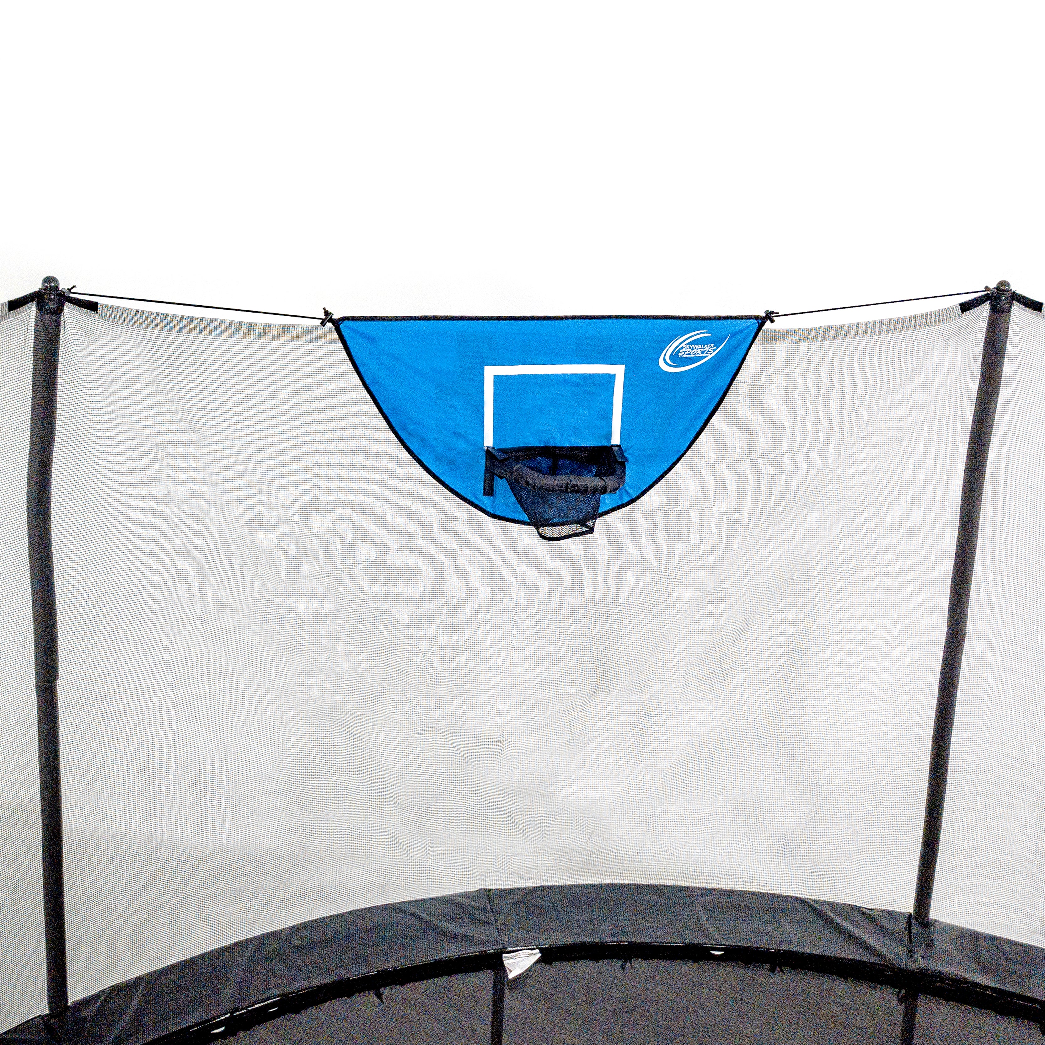 The basketball hoop attaches to the trampoline's enclosure poles. 