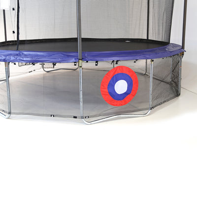 Blue round trampoline with Sureshot game net wrapped around its legs. Sureshot net has a red, white, and blue target. 