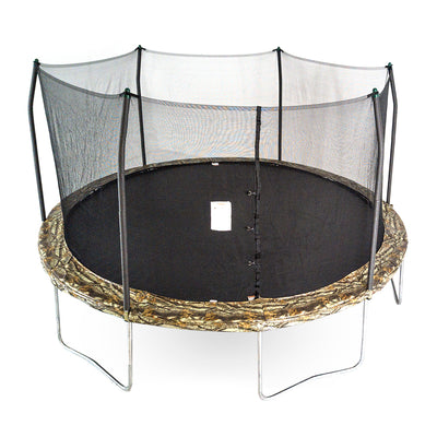 15-foot round trampoline with camouflage spring pad and green pole caps.