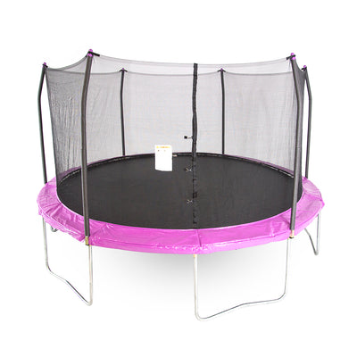 15-foot round trampoline with purple spring pad and purple pole caps.