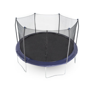 15-foot round kids trampoline with navy spring pad and navy pole caps.