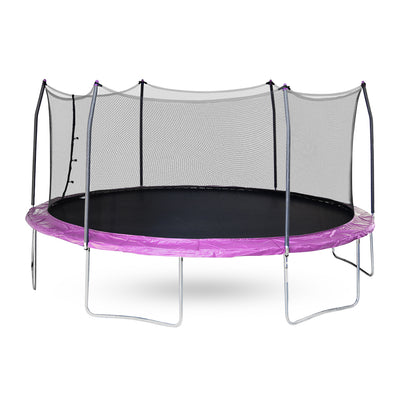 17-foot oval kids trampoline with purple spring pad and purple pole caps.