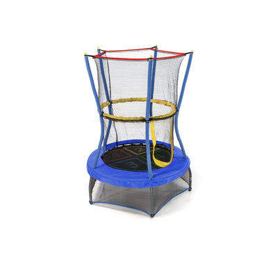 Blue, red, and yellow 40-inch mini trampoline with colorful number quadrants on the black jump mat