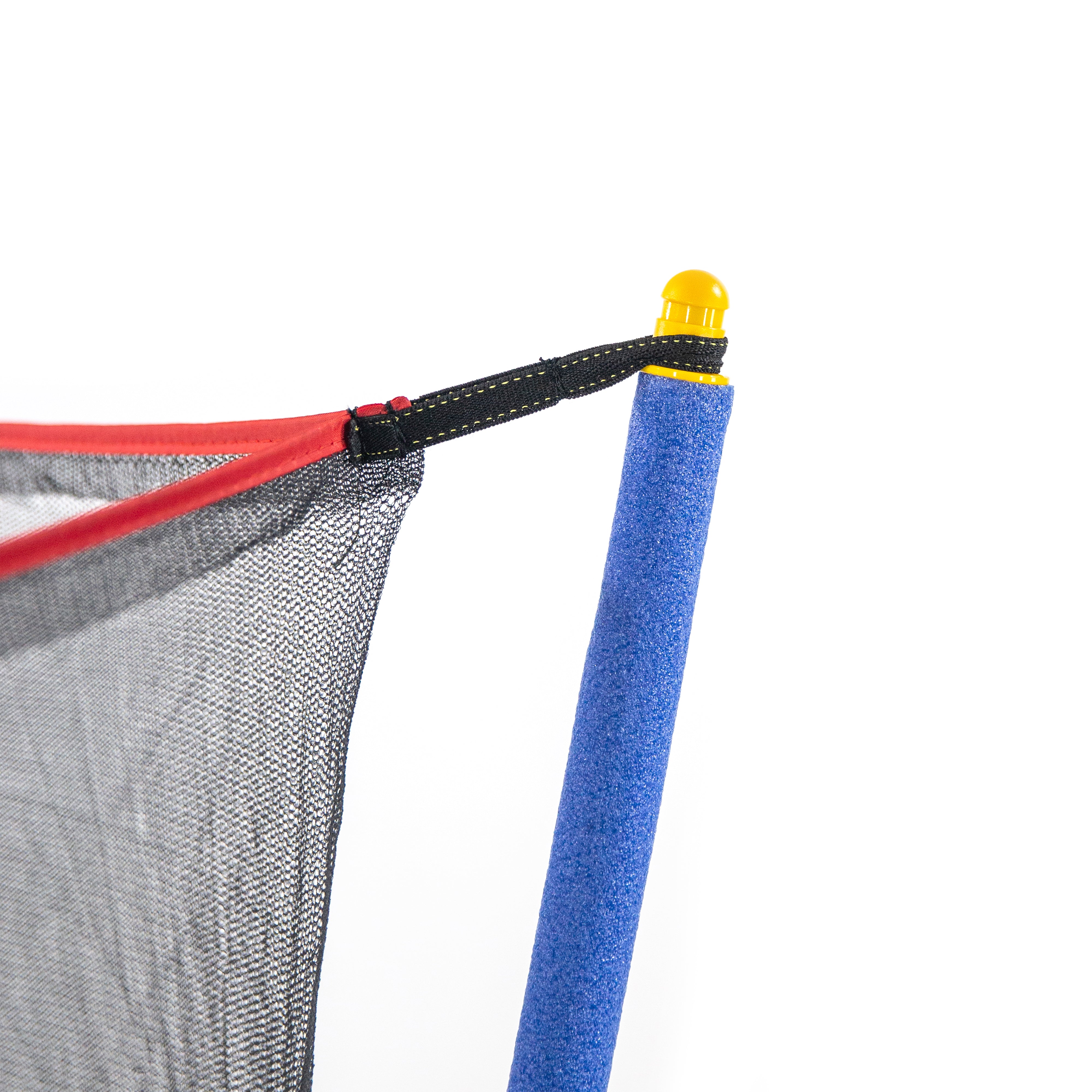 The black enclosure net with red trimming is attached to the yellow pole cap that sits on the blue enclosure pole. 