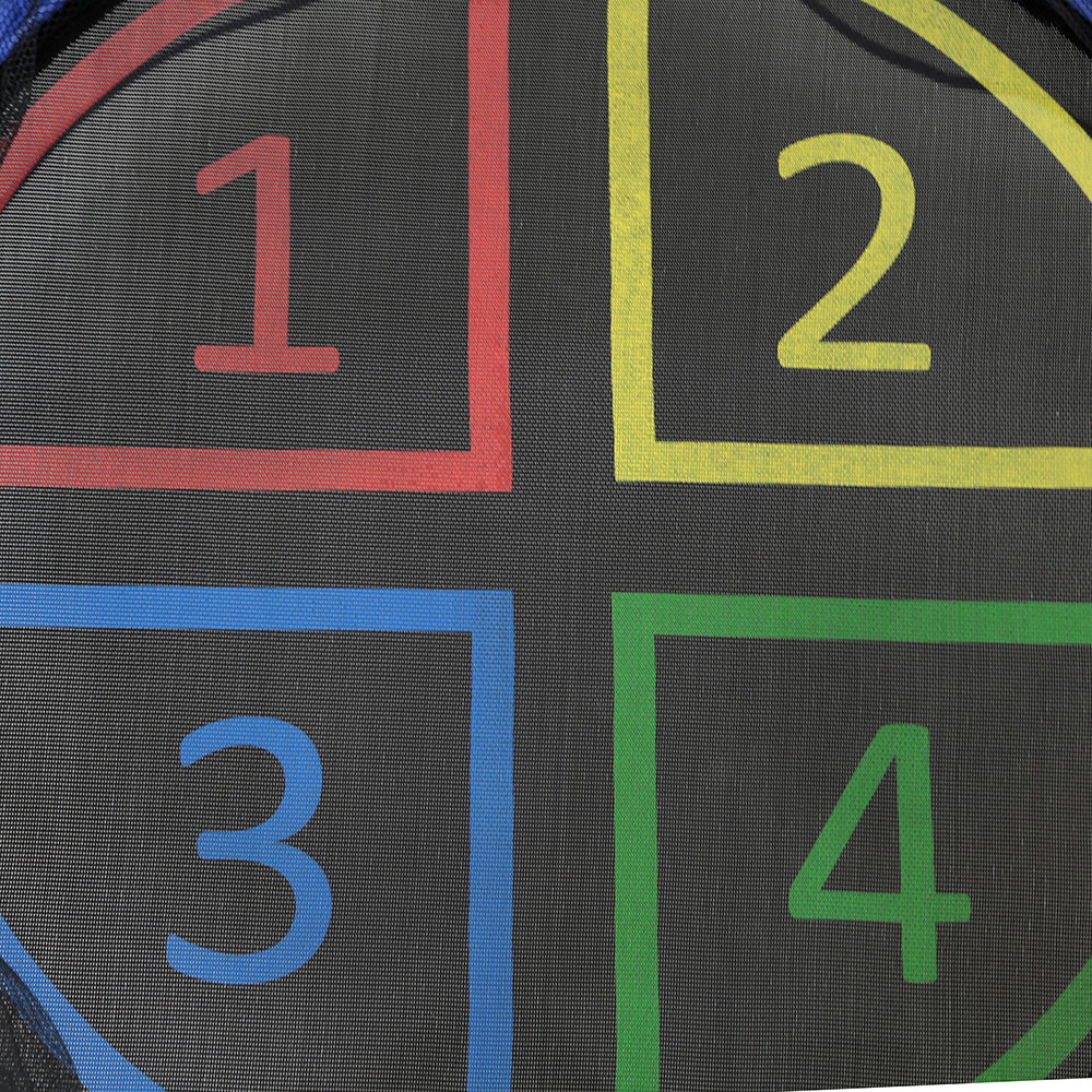 The numbers 1, 2, 3, and 4 appear in red, yellow, blue, and green on the black jump mat. 