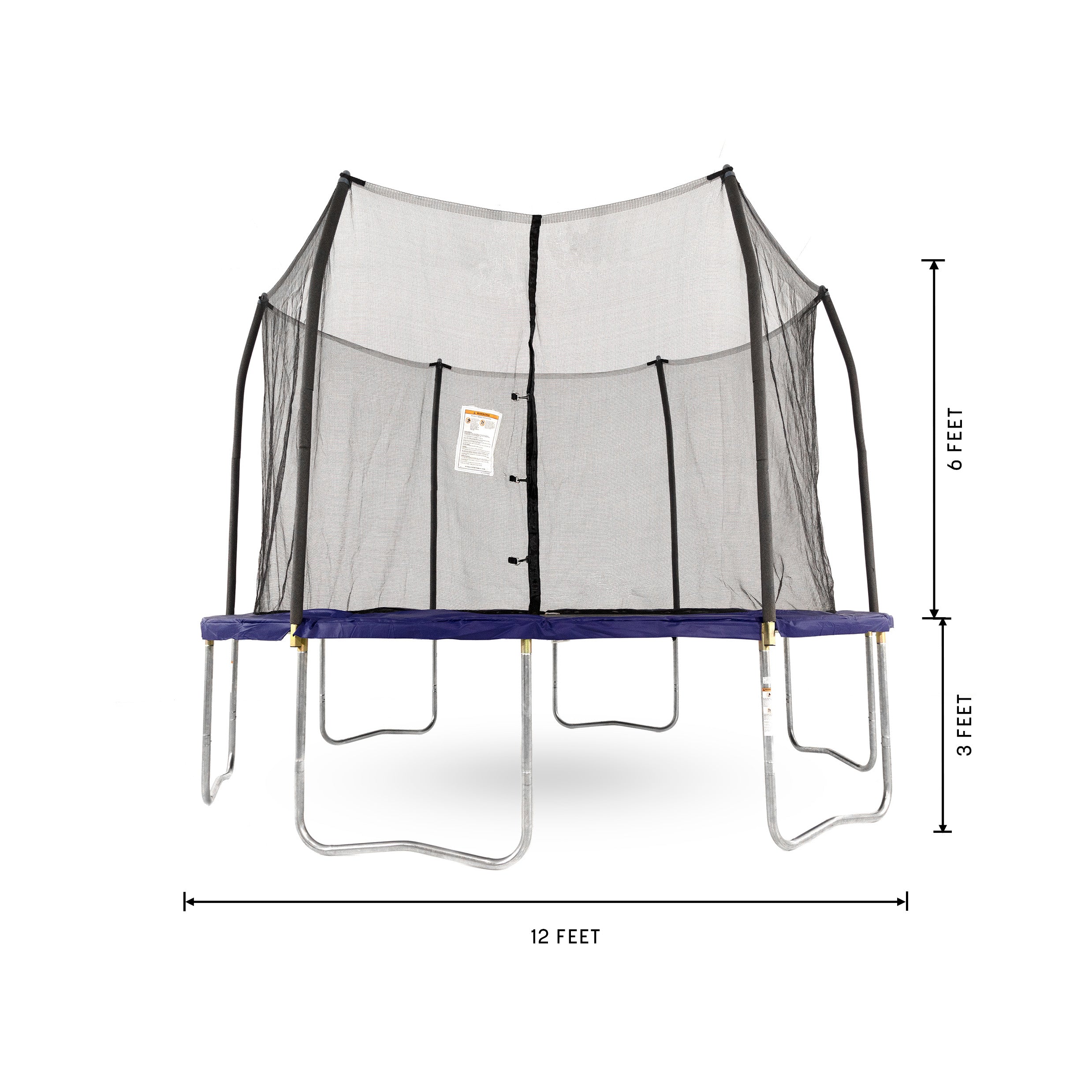 The trampoline is 12 feet wide, 3 feet tall from ground to frame and 6 feet from frame to top of enclosure. 