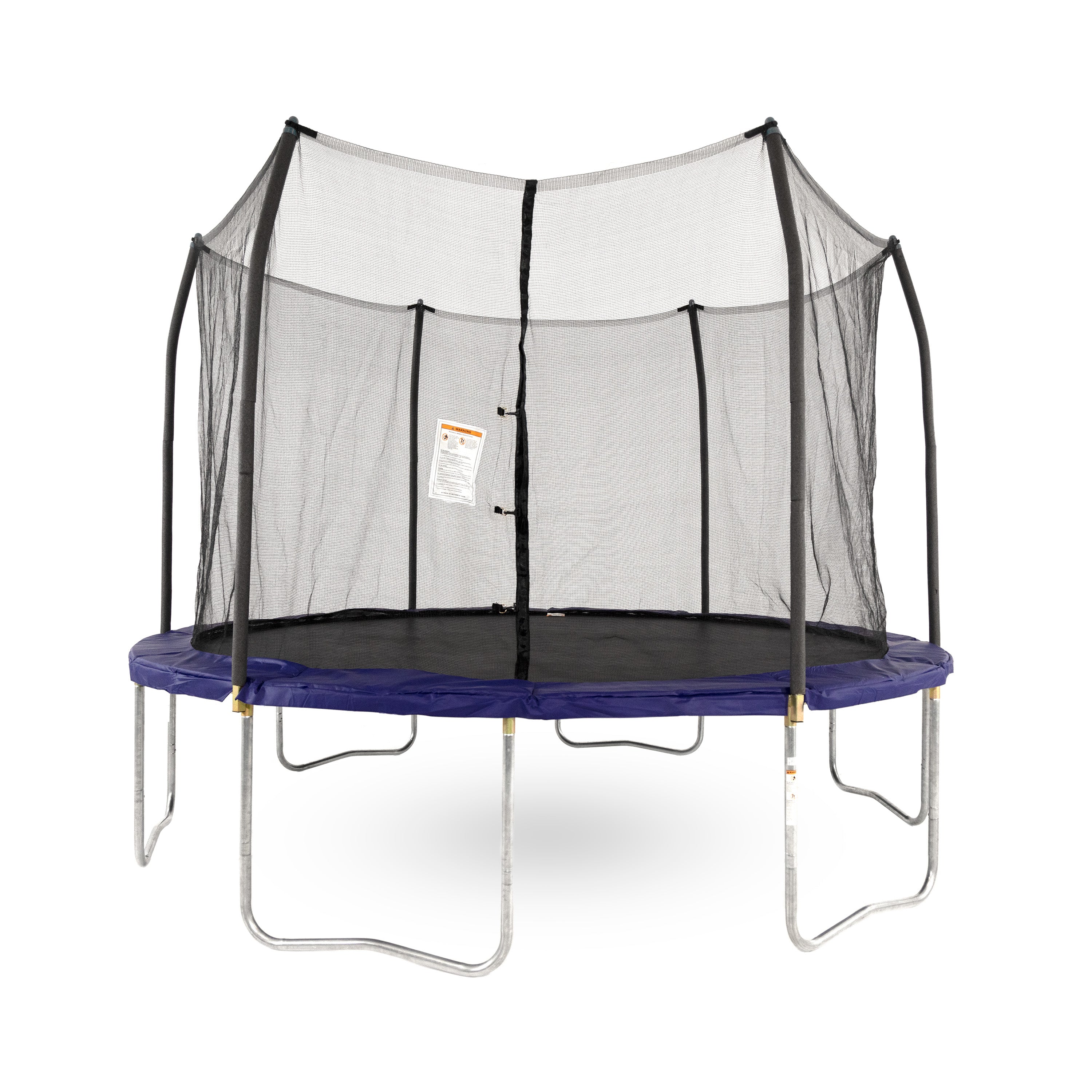 Twelve-foot round kids trampoline with blue spring pad, blue pole caps, black jump mat, black enclosure net, and steel frame.