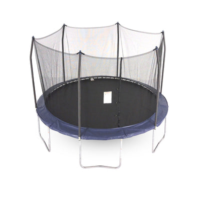 13-foot round trampoline with navy spring pad and navy pole caps.