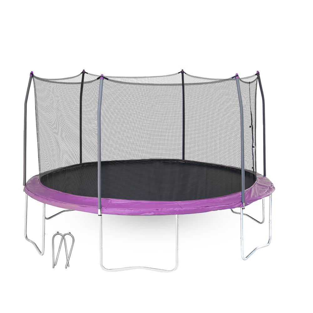 14-foot round trampoline with purple spring pad, purple pole caps, and two included wind stakes