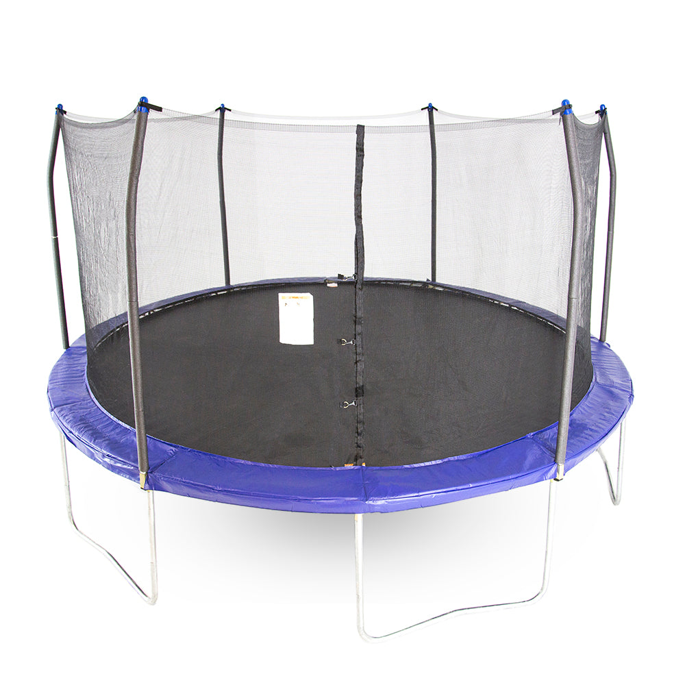 15-foot round kids trampoline with blue spring pad and blue pole caps.