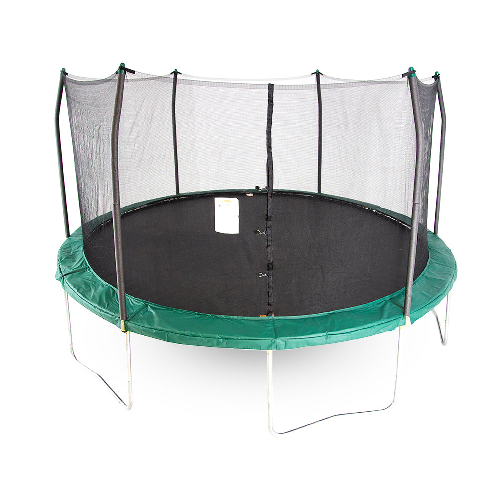 15-foot round kids trampoline with green spring pad and green pole caps.