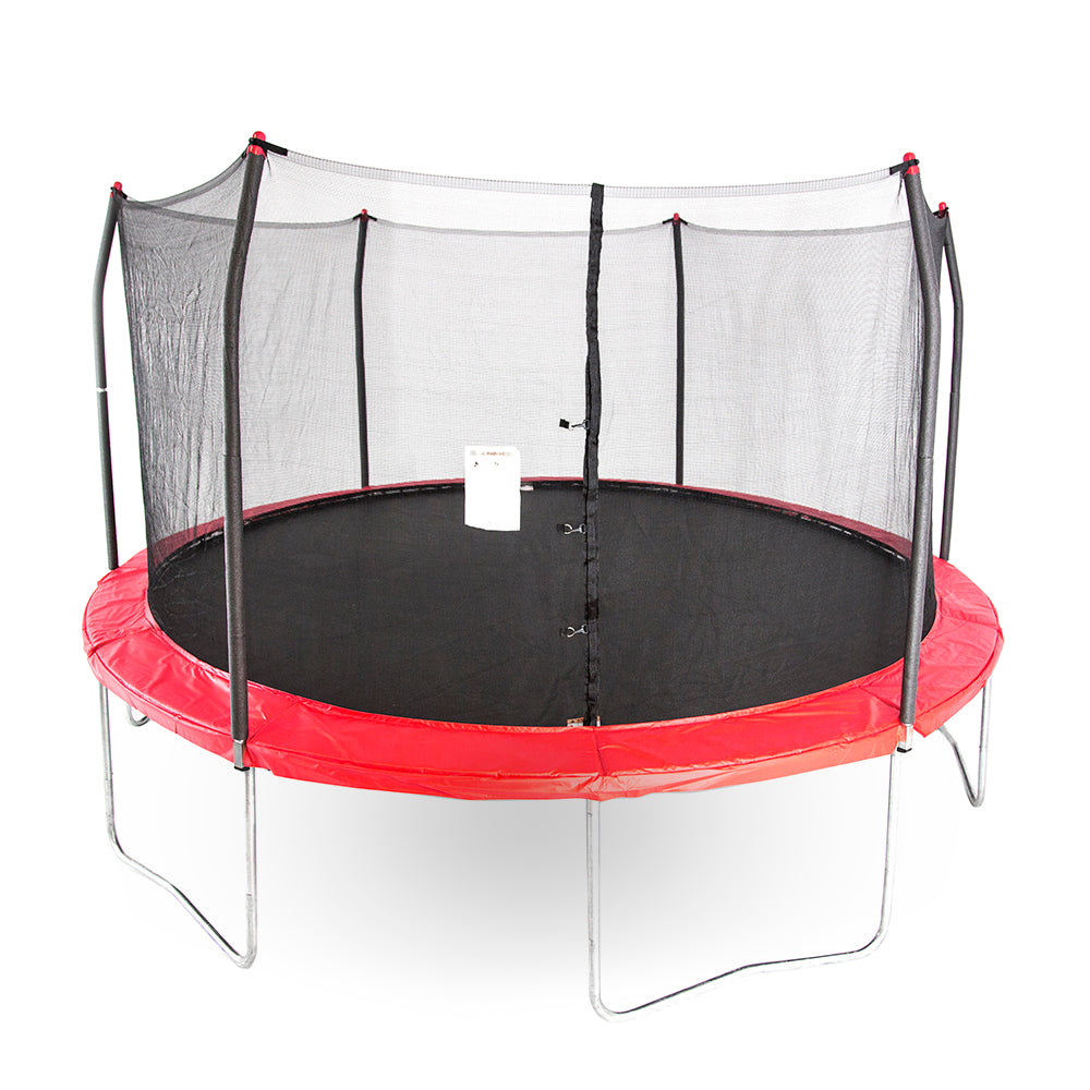15-foot round kids trampoline with red spring pad and red pole caps.
