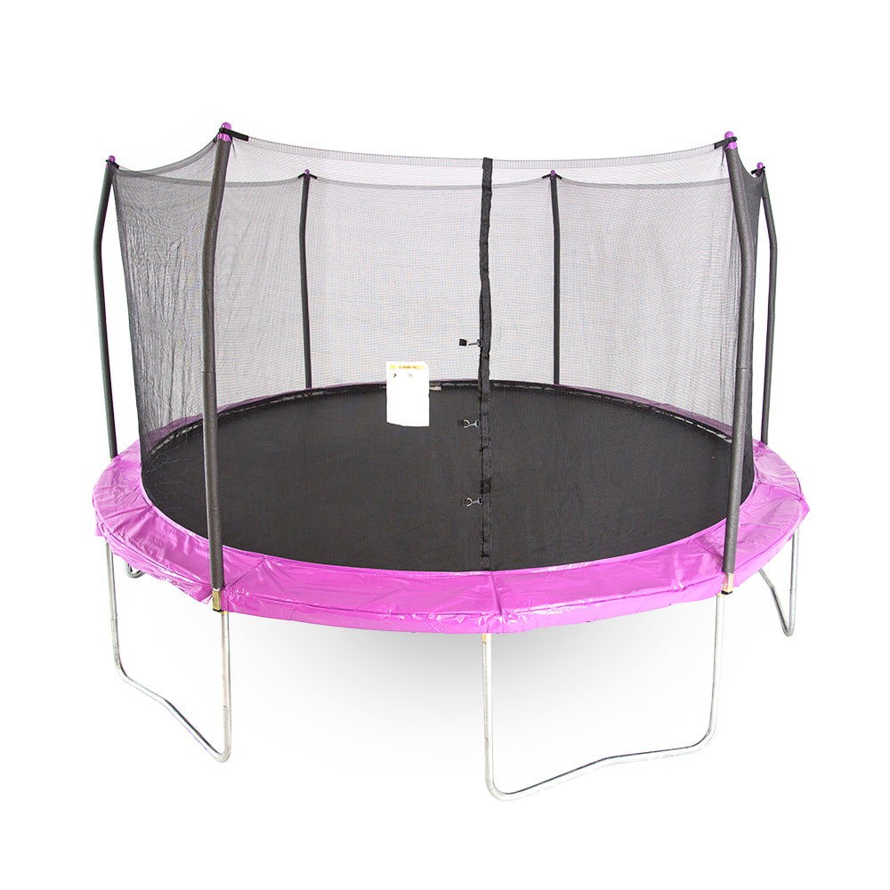 15-foot round kids trampoline with purple spring pad and purple pole caps.