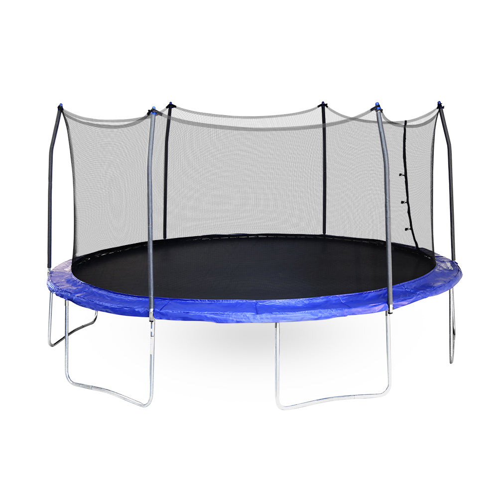 16-foot oval kids trampoline with blue spring pad and blue pole caps.
