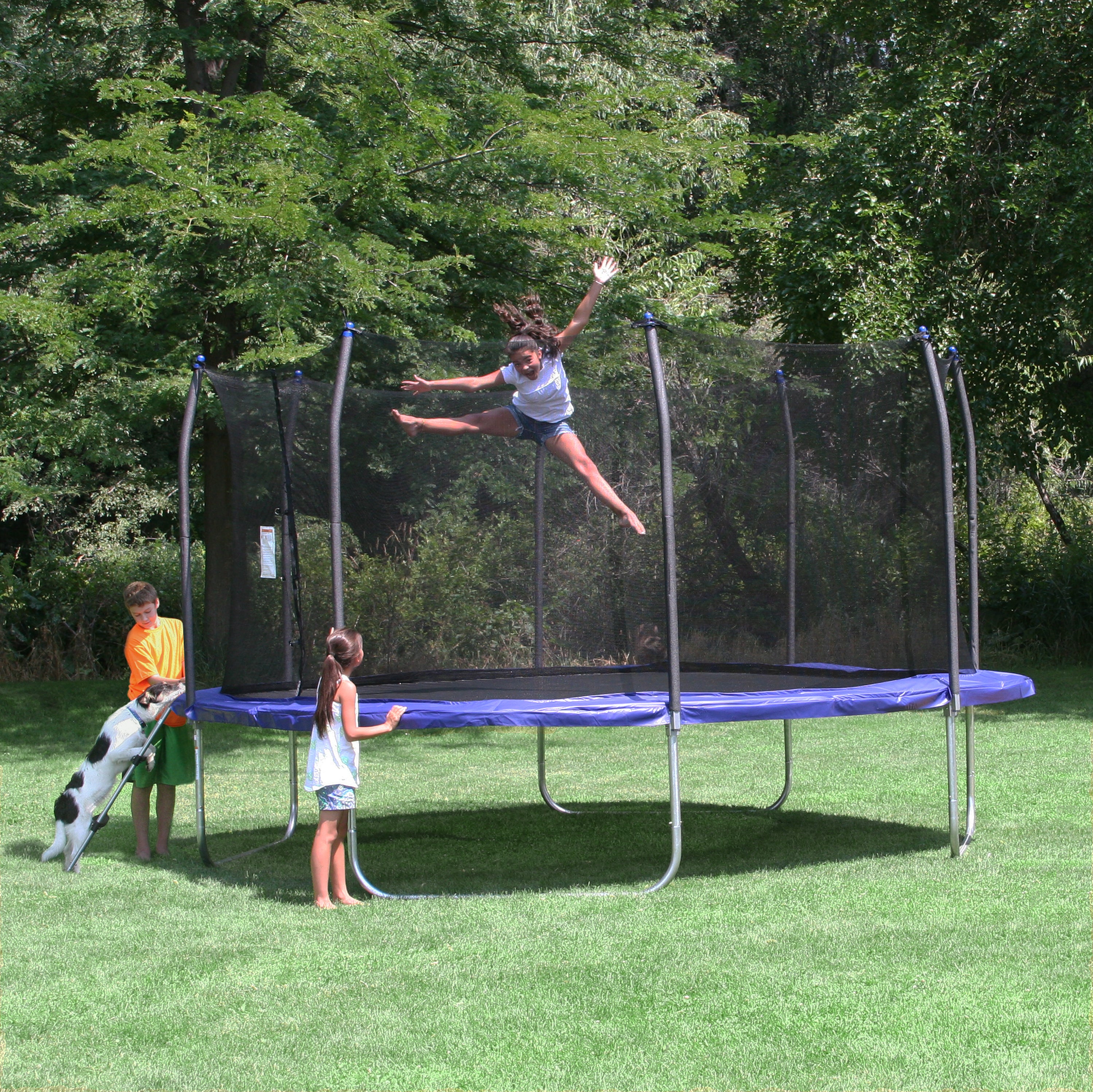 Girl does jumping splits on the 13-foot square trampoline with kids and a dog playing outside the trampoline. 