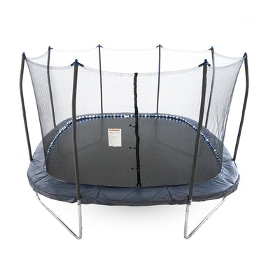 Thirteen-foot square trampoline with black jump mat, navy pole caps, and a LED lighted navy spring pad.