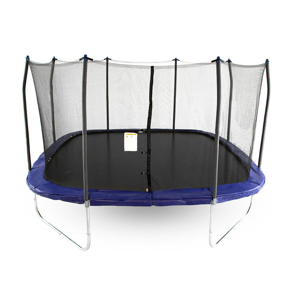 Fourteen-foot square trampoline with blue spring pad, blue pole caps, black enclosure net, and black jump mat.