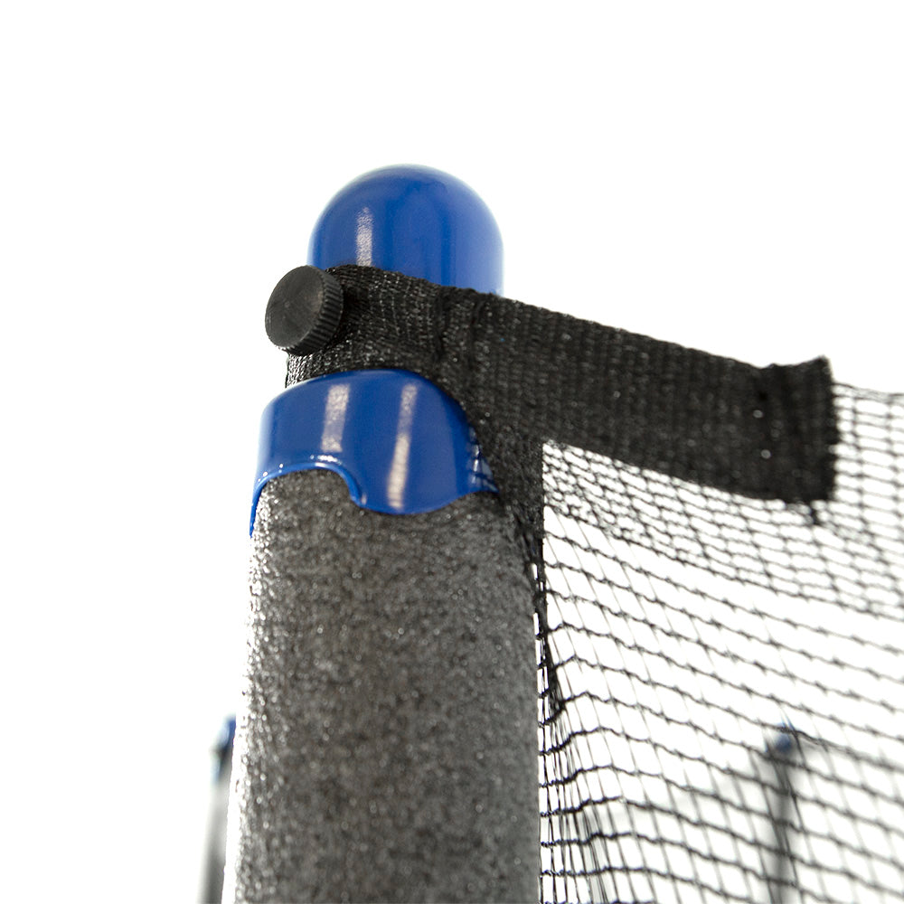The enclosure poles, topped with blue pole caps, hold up the enclosure net.