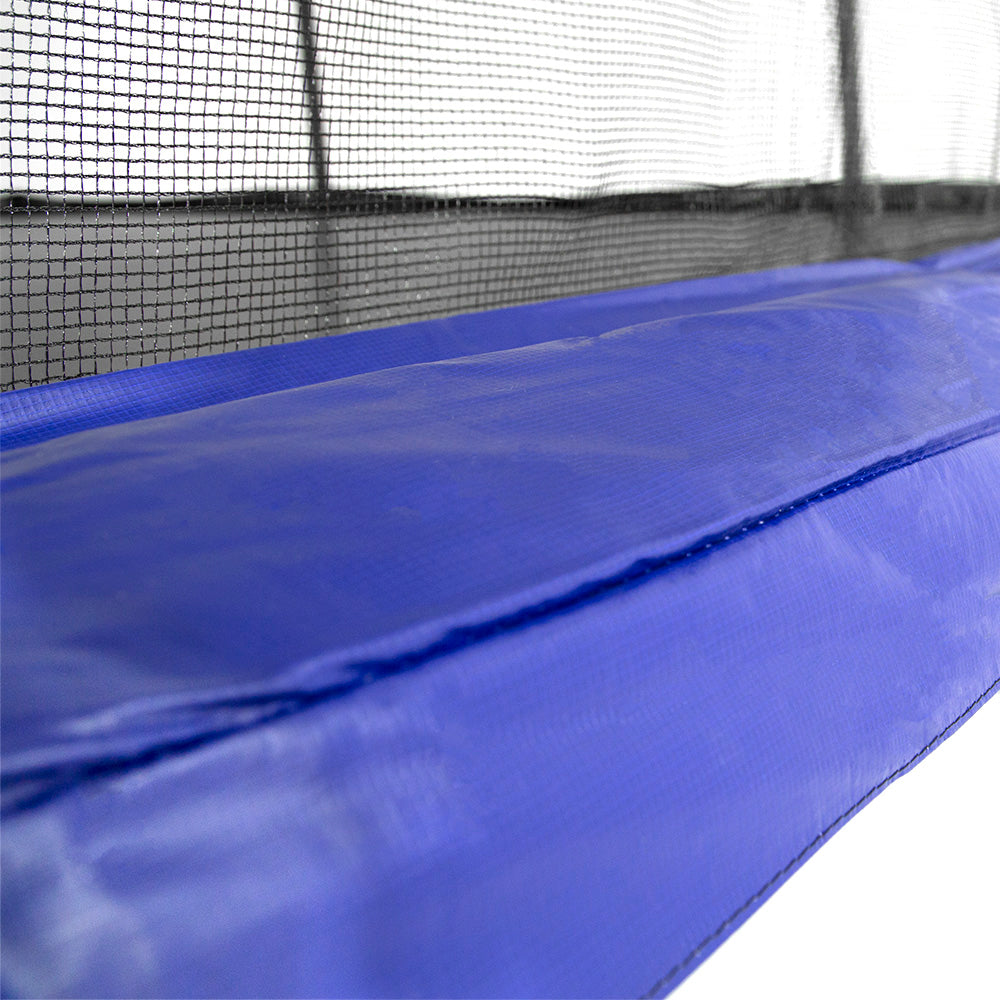 Blue PVC spring pad covers the springs and the trampoline frame.