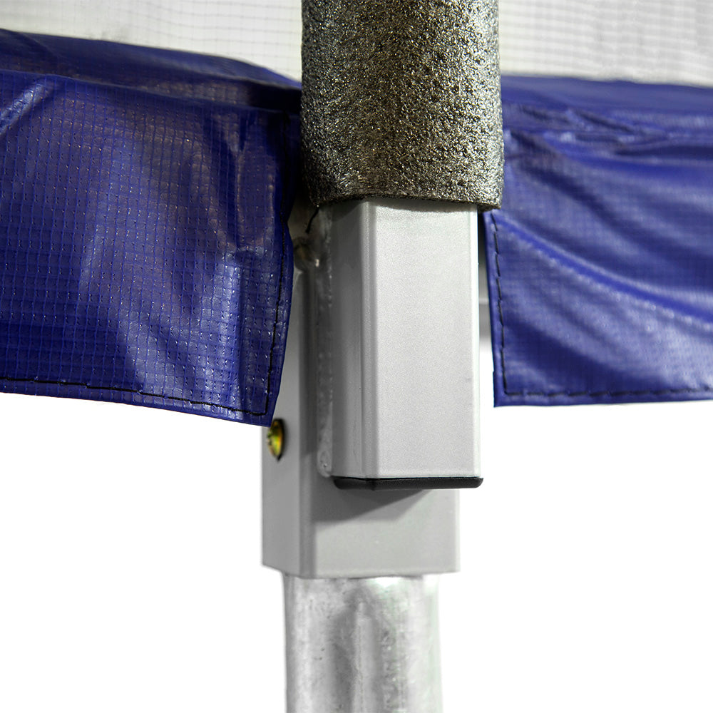 T-socket can be seen peeking out of the blue spring pad on the 14-foot square trampoline. 