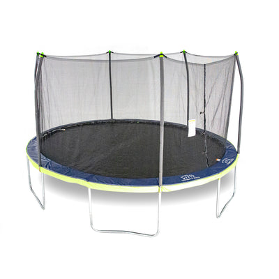 Oval kids trampoline with black jump mat, a blue and lime green two-toned spring pad, and lime green pole caps. 